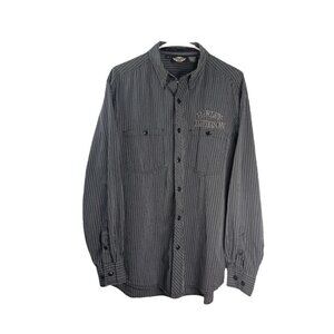 Harley Davidson Button Down Long Sleeve Embroidered Striped Shirt Size M Black G